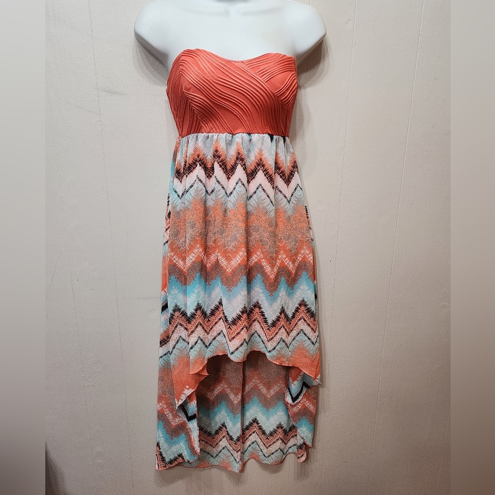 No Boundaries Strapless Dress Small 3 - 5 Coral Multicolor Chevron Hi Low C342